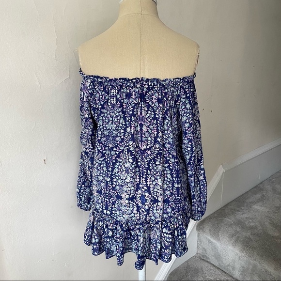 Rebecca Taylor Indigo Combo Floral Paisley-Print Silk Off the Shoulder Blouse 2 - Picture 6 of 11